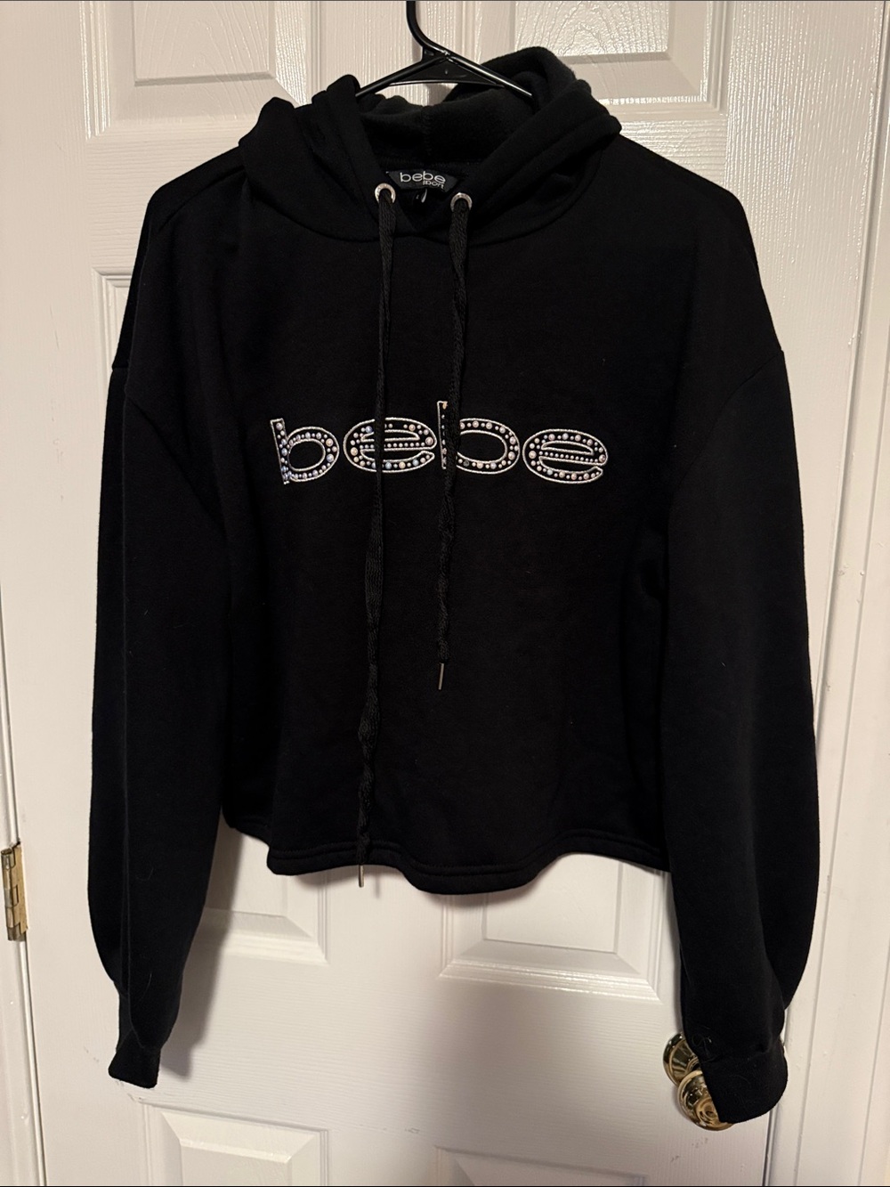 bebe Black Crystal Logo Cropped Hoodie